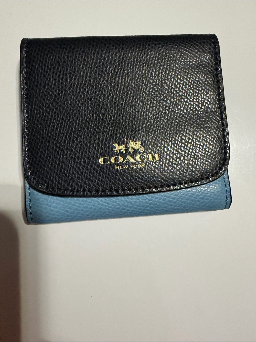 COACH Two-Tone Black and Light Blue Leather Card Holder with Gold Logo